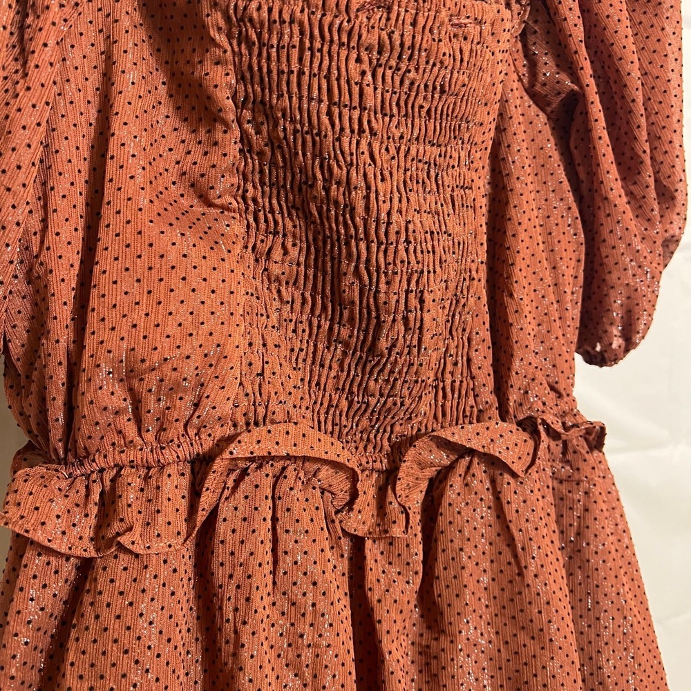 By The River Brown Polka Dot Puff Sleeve Dress Small Smocked Back - Picture 7 of 12